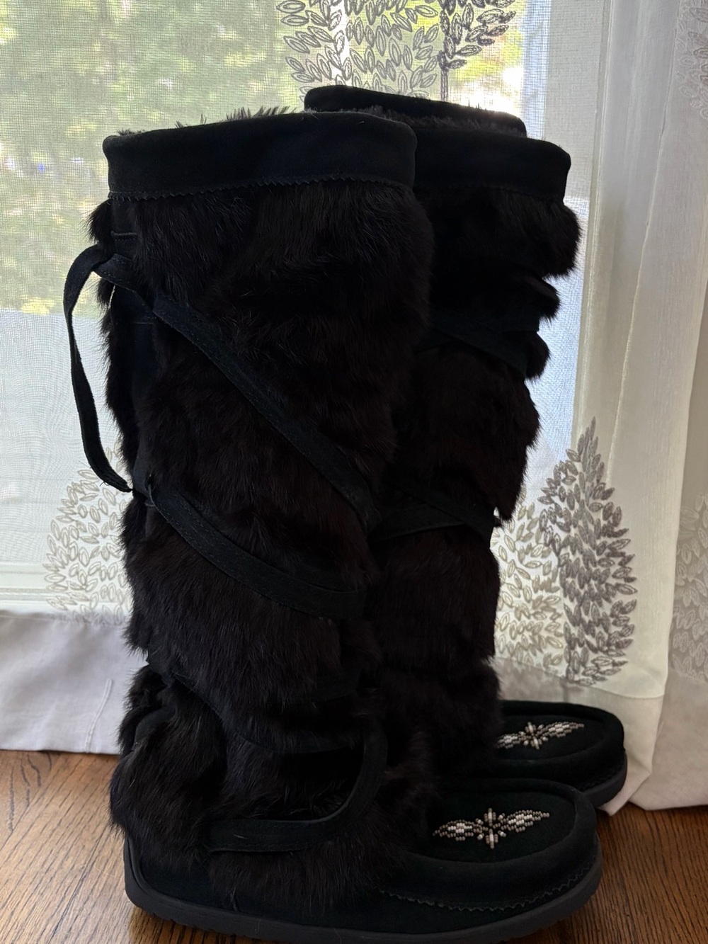 Women's Black Fur Moccasin Knee-High Boots
